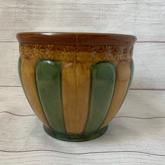 Antique Brown Green Striped Pottery Planter Majolica Glaze Floral Medallions - Picture 2 of 16